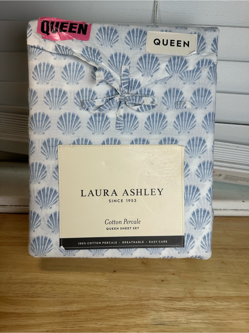Laura Ashley Blue Shell-100% Cotton Percale Queen Sheet Set retired beachdesign